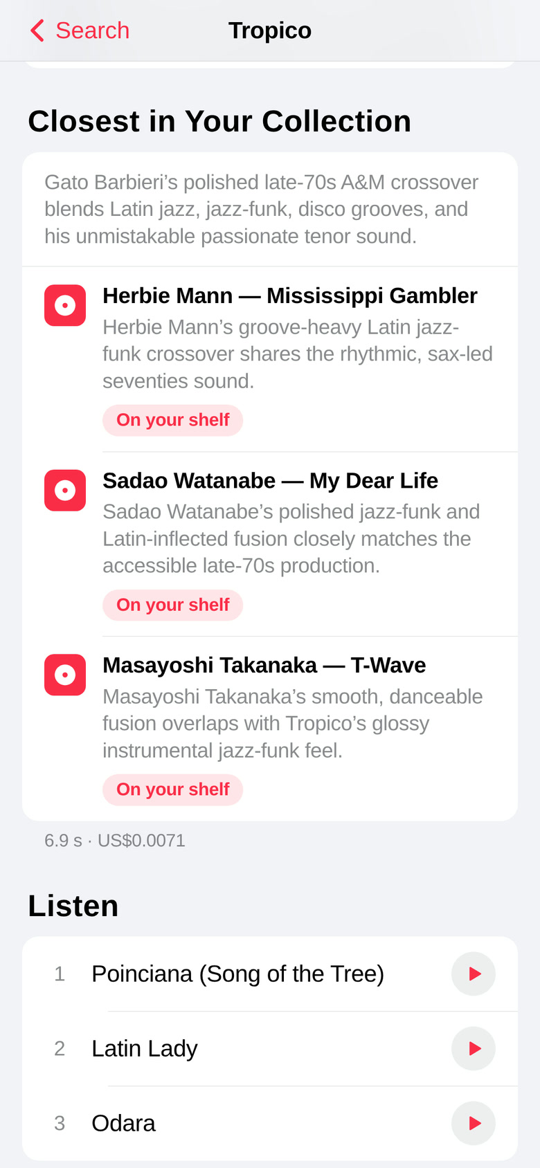 The Tropico record card by Gato Barbieri, scrolled to Closest in Your Collection: three records marked On your shelf, each with a one-line reason it matches, then the first preview tracks.