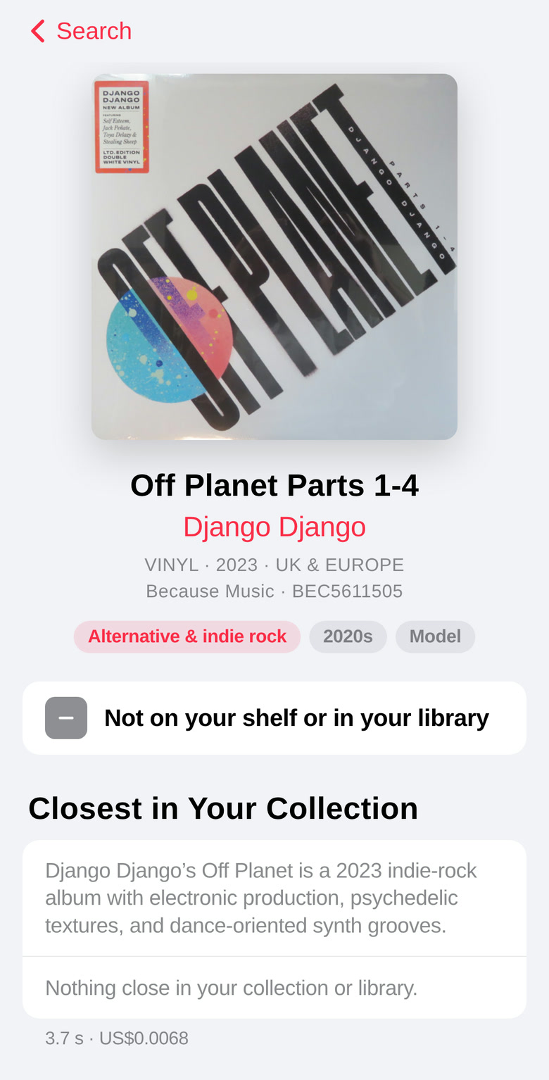 A record card where nothing in the collection is close, so it says Nothing close in your collection or library instead of inventing a match.